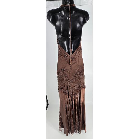Cache Y2K 100% Silk Satin Lace Beaded Halter  Dress Asymmetrical Forrest Fairy - Picture 4 of 8